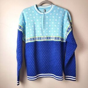 Hanna Andersson Men's Blue‎ Fair Isle Nordic Sweater 1/4 Zip Neck Size Medium
